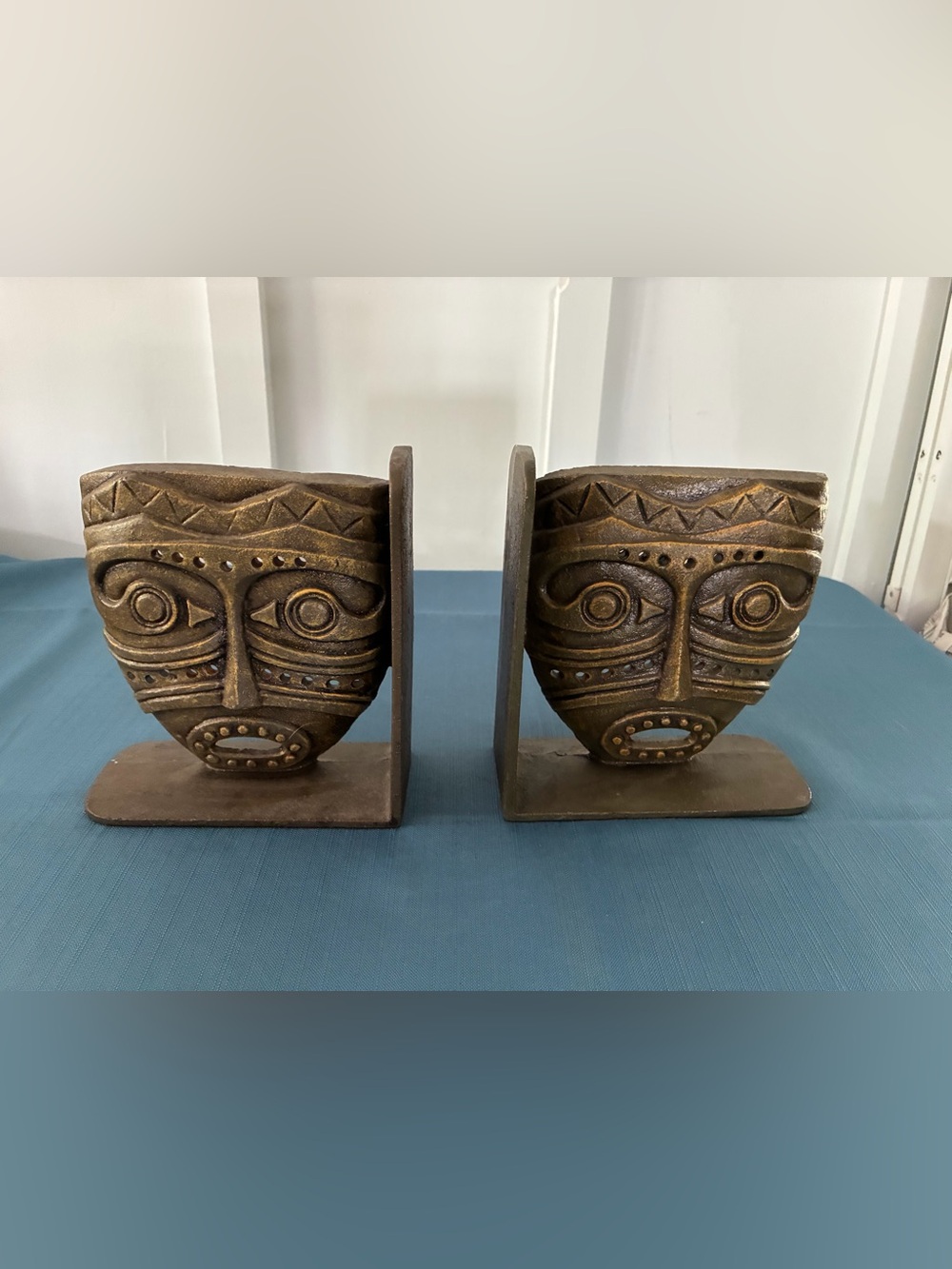 Brass-Tone Pier 1 Tribal Mask Bookends Vintage Polynesian Tikki Bar